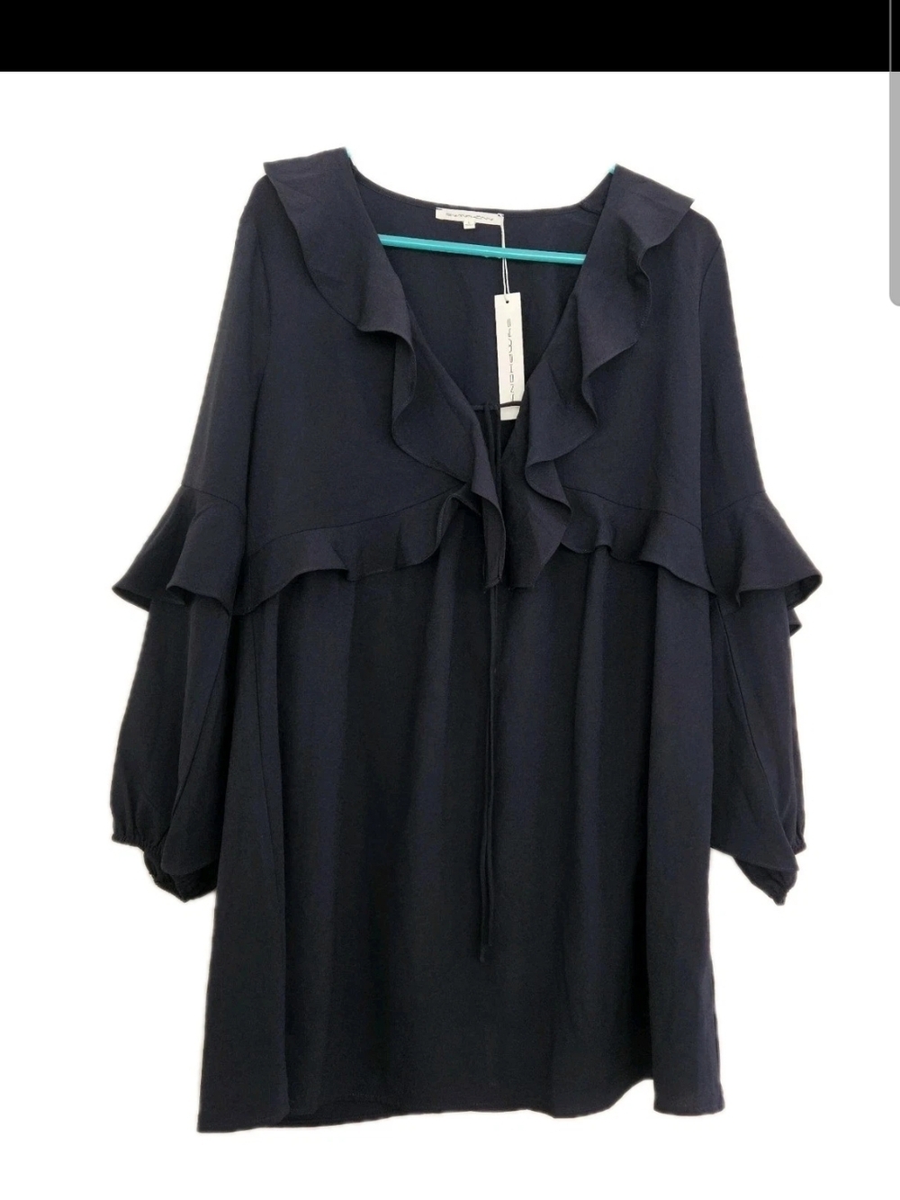 Boho Symphony Navy Ruffle Skater Dress Size L Tiered Sleeves V-Neck Feminine